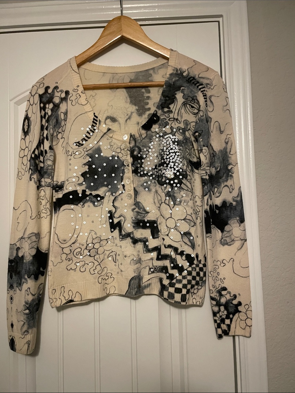John Galliano Metaliic Sequin Flowers Faces Print Merino Cardigan M Italy